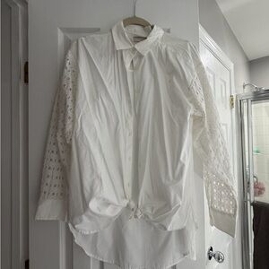 White Eyelet Sleeve Button-Down Shirt - Women's Casual Shirt